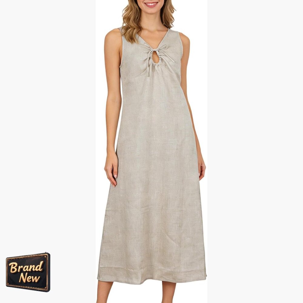 100% Linen Midi Dress Sleeveless V-Neck Tie Front Summer Casual